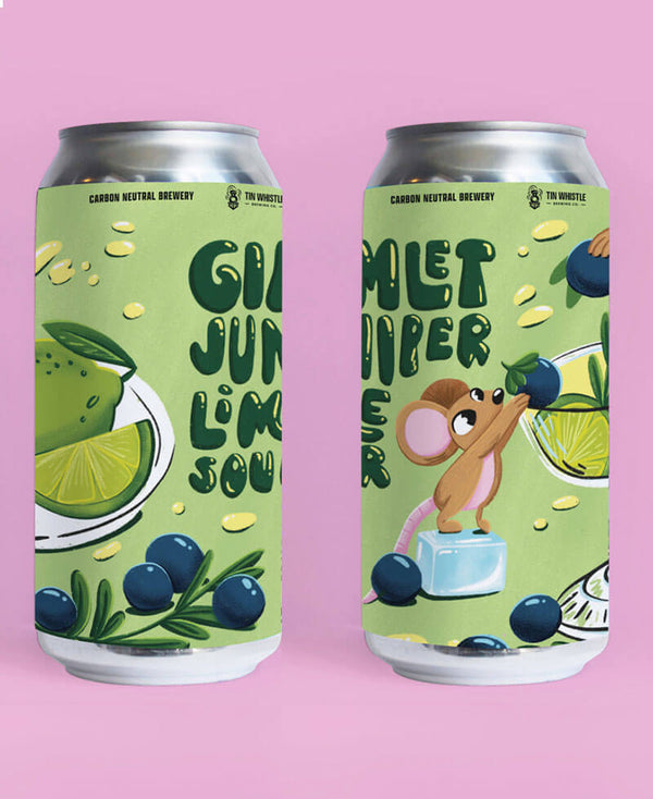 Two cans of 'Ginlet Jungle Lime Sour' with a cartoon mouse and lime design on a pink background.