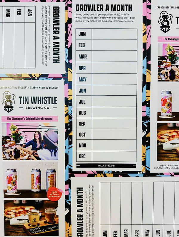 Collage of Growler A Month promotional materials with Tin Whistle Brewing Co. branding.