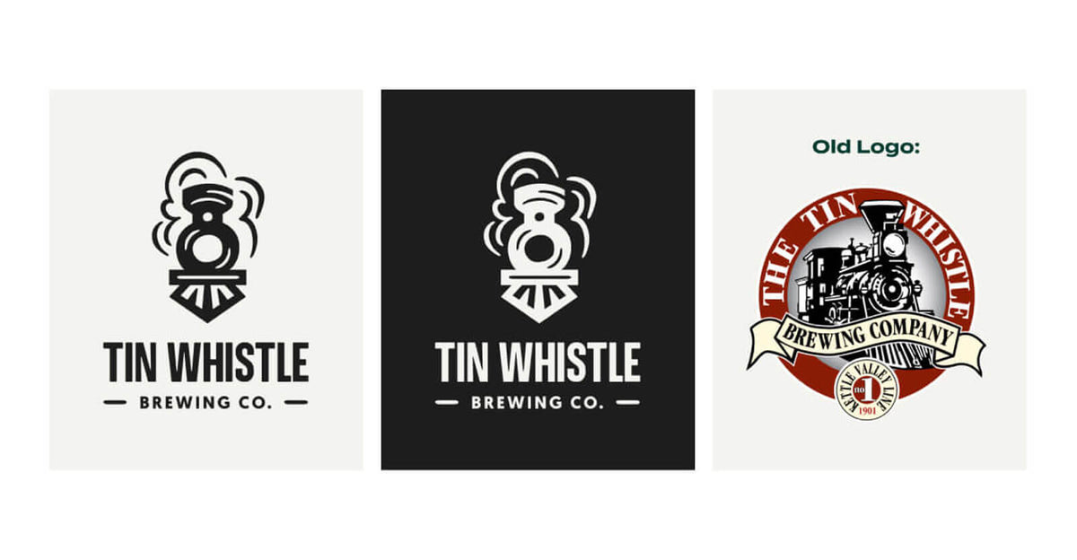 Evolution of Tin Whistle Brewing Co. logos on a white background