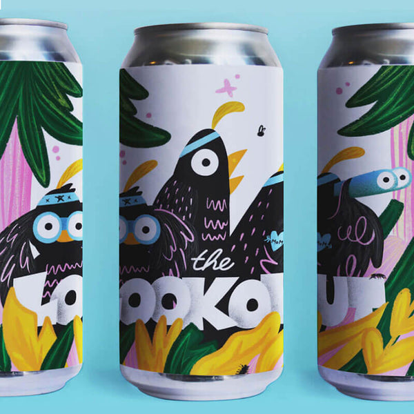Three bber cans of 'the lookout' with colorful designs on a blue background