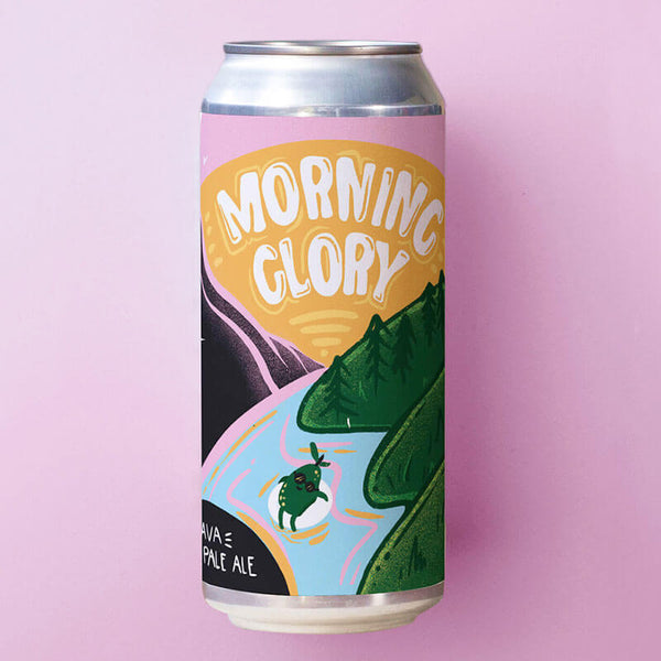 Beer can with 'Morning Glory' label on a pink background