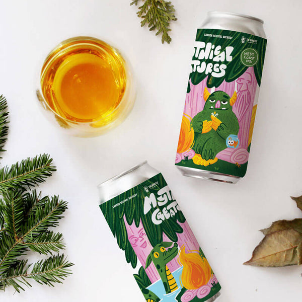 Two cans of 'Meteo Geats' beer with a glass of amber liquid on a white background with greenery.