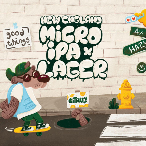 Cartoon bear with a bottle of Eitrau beer, New England Micro IPA & Lager text ina graffiti style on a brick wall background.