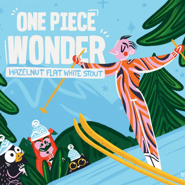 Illustration of a character in a colorful outfit with text 'One Piece Wonder Hazelnut Flat White Stout' against a blue background with green trees.