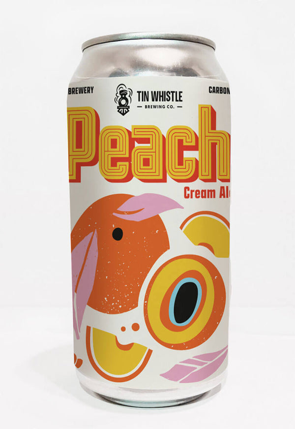 Can of Peach Cream Ale from Tin Whistle Brewing Co. on a white background