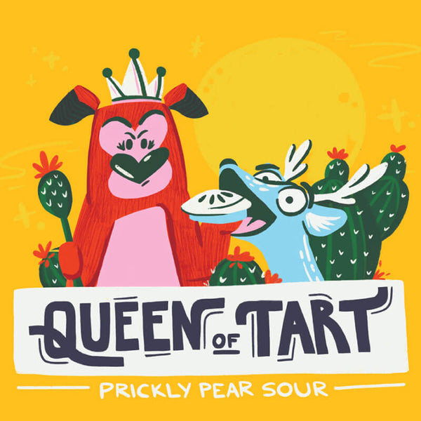 Cartoon characters with cacti and 'Queen of Tart' text on a yellow background