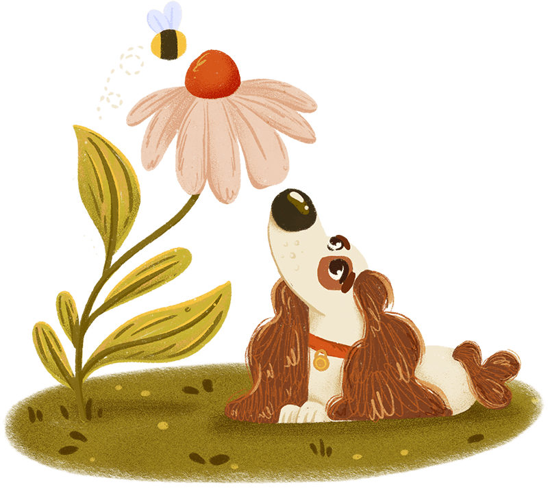 Illustration of a dog sitting next to a flower with a bee