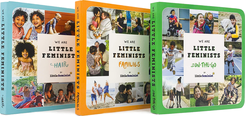 Three books titled 'We are Little Feminists' in different colors with images of children on the covers.